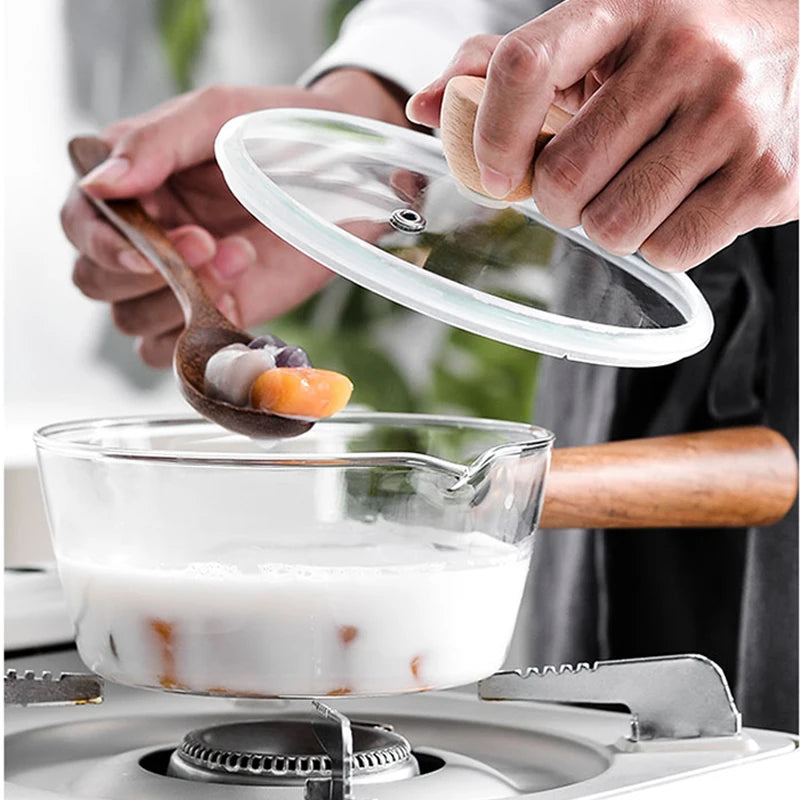 YWDL Milchtopf Glas Holzgriff - 450/650ml Antihaft Herd