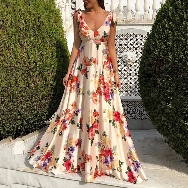 Backless women floral high waist large swing sleeveless long dresse