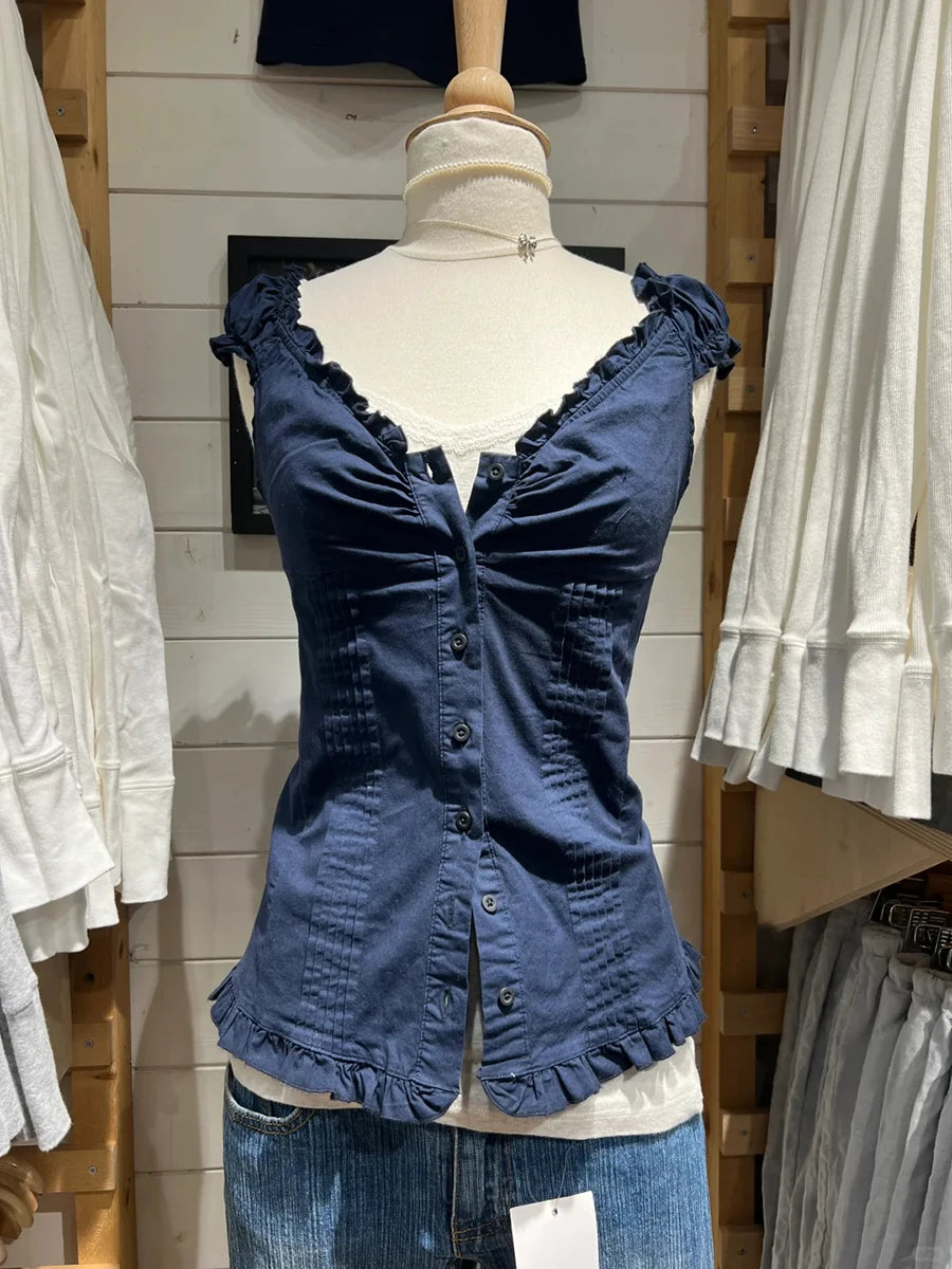 Blue Plaid Ruffles T-shirt Women Summer Folds V-neck Single Breasted Short Sleeve Tee Shirts Sweet Girls Cotton Slim Crop Top