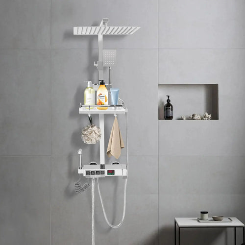 Duschset mit Digitalanzeige und 4 Ausgängen, thermostatisches Klaviertastenfeld, LED-Regenduschsystem für Badezimmer, Silber