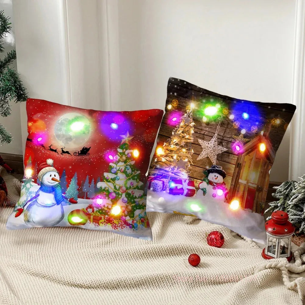 Christmas Pillowcase Decorations Home Cushion Cover LED Light 45x45cm Xmas Pillow Cover for Bedroom & Living Room Party Decor