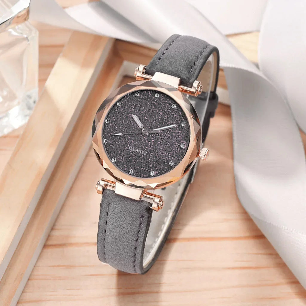 Casual Uhren Damen Romantischer Sternenhimmel - Uhr Armband Leder Strass Designer - Damen Uhr Einfaches Kleid Geschenk