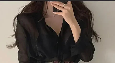 Elegant Women 2 Piece Sets Black Pink Sheer See-through Long Sleeve Shirt+High Waist A-line Floral Print Skirt Sets 2pc OL Suits