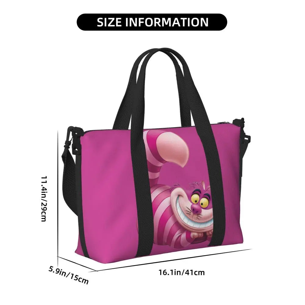 Custom Cheshire Cat Beach Tote Bag for Women We're All Mad Here Cat Big Compartment Gym Beach Travel Bags
