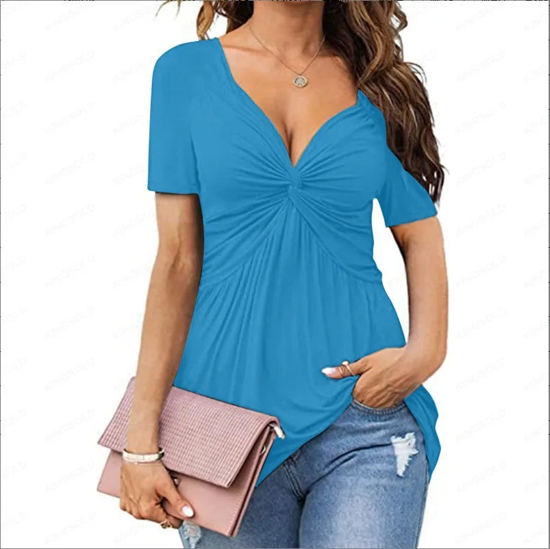 Women Tshirt Twisted V-Neck Short Sleeve Solid Color Sexy Office Lady Casual Slim 2025 Summer Fashion Tee Tops Femme Clothing
