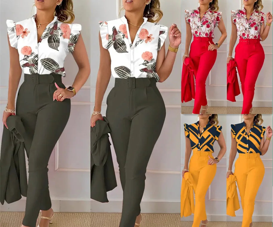 Elegant Women Two Piece Set Suits New Fashion Printed Ruffle Sleeve Top Solid Color Pants Set With Belt  Blouses Female Clothing