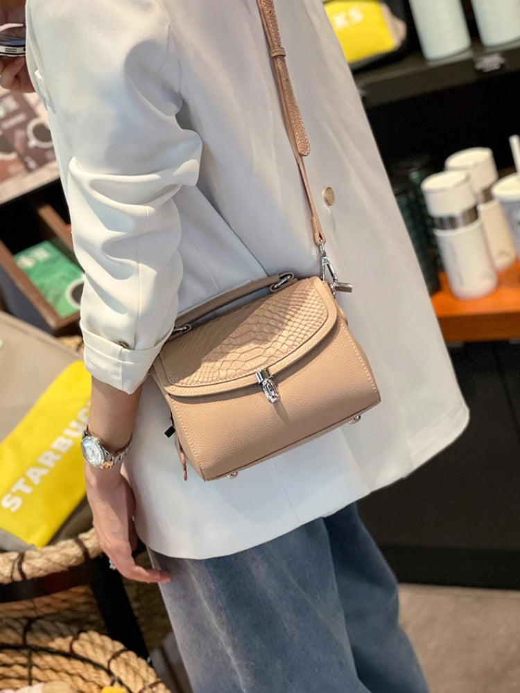 Genuine Leather Women Bag Fashionable Purse for Lady Temperament Crossbody Square Shoulder Bag Cow Leather Versatile Handbag
