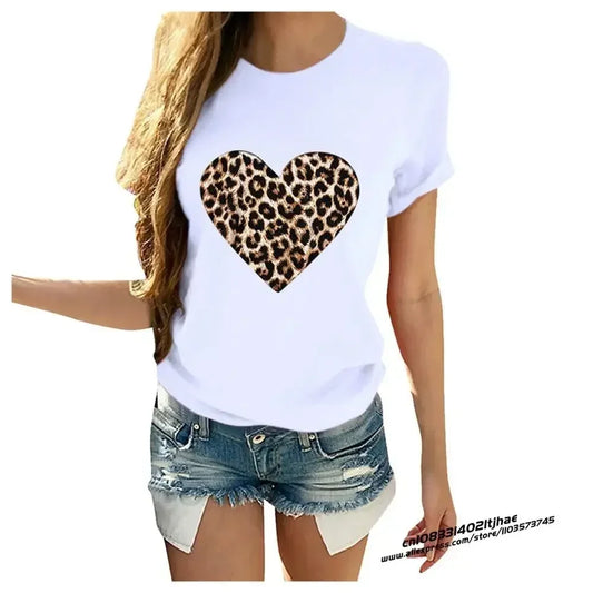 Women T-Shirt 2023 Summer Leopard Heart Print T Shirt Women Casual White Tops Loose Short Sleeve Tshirt Camisas Mujer