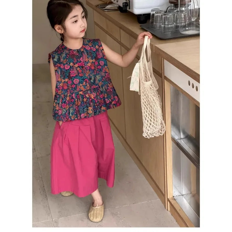 New Summer Infant Baby Girl 2PCS Clothes Set Cotton Floral Print Sleevelss T-shirt Suit Solid Soft Wide Leg Pant Kid Girl Outfit