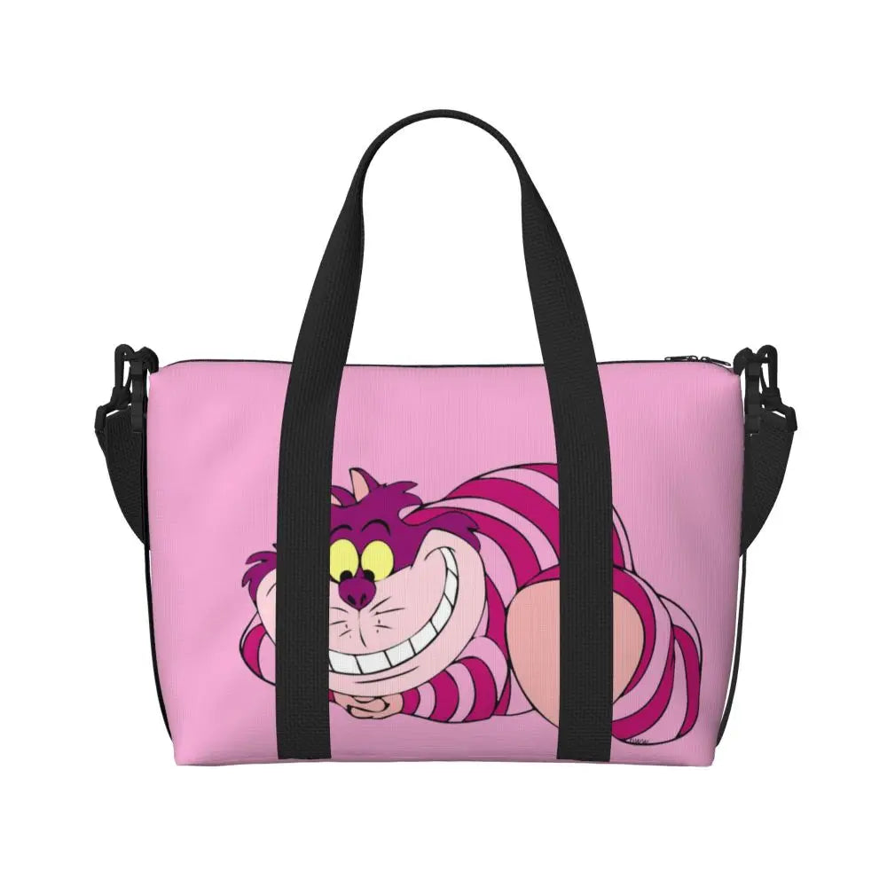 Custom Cheshire Cat Beach Tote Bag for Women We're All Mad Here Cat Big Compartment Gym Beach Travel Bags