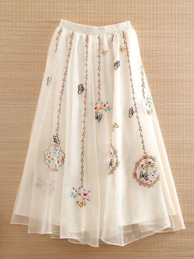 Embroidery Floral Women Pleated Skirts 2023 New Chinese Style High Waist Loose A-LINE Spring/Summer Retro Skirt