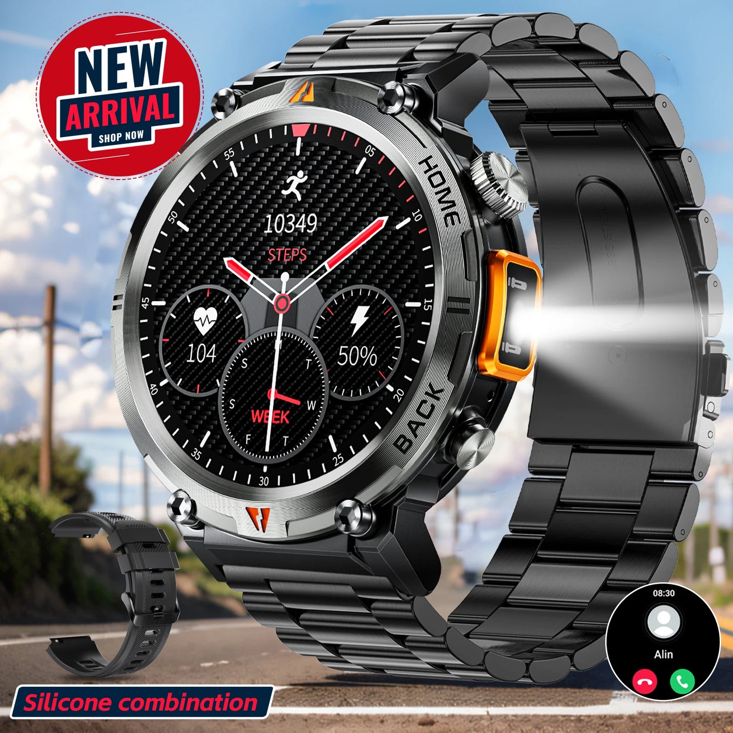 LaNikar 2025 KE3 Smartwatch - Bluetooth Anruf Herren Vollbild Touchscreen Gesundheitsmonitor Stahlring