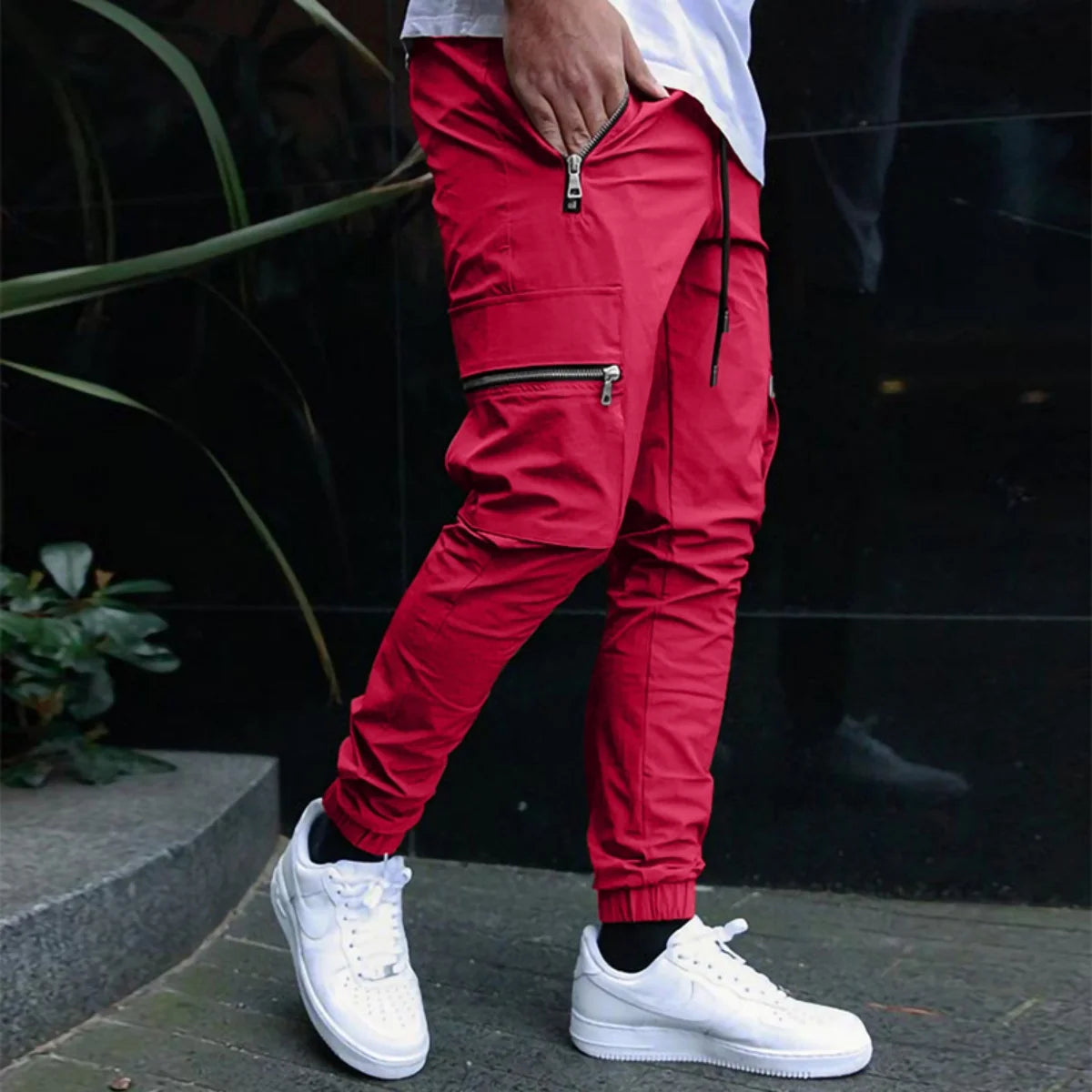 Salopetă casual pentru bărbați, primăvară și toamnă, nouă, cu cordon, personalitate, cu buzunar cu fermoar, pentru picior mic, pantaloni creion, pantaloni lungi