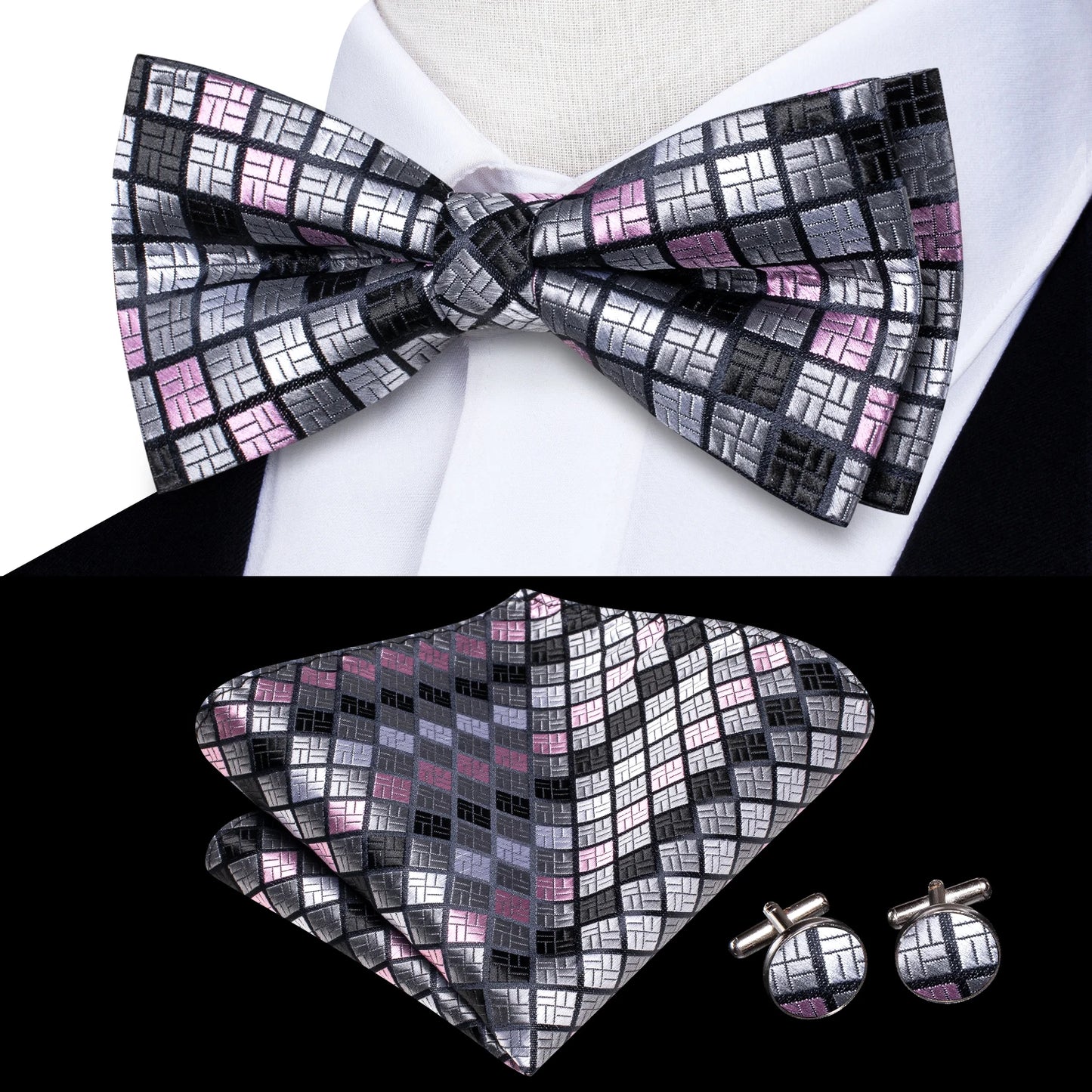 Hi-Tie Peach Pink Salmon Silk Mens Bow Tie Pocket Square Cufflinks Set Pre-tied Butterfly Knot Bowtie for Male Wedding Business