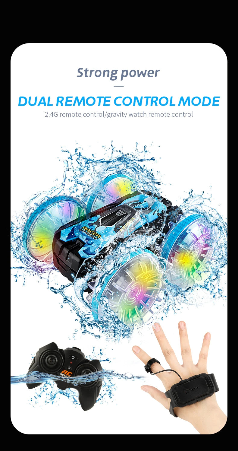 Mașină RC 2025: Nou vehicul electric cu telecomandă RC, amfibiu, off-road, cu cascadorie, mașină cu două fețe, colecție de jucării luminoase pentru copii, cadouri