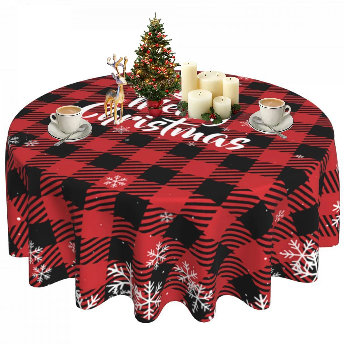 Christmas Tablecloth Black Merry Christmas Round Table Cloth Christmas Elk and Presents Table Cover Fabric Home Decoration Gift