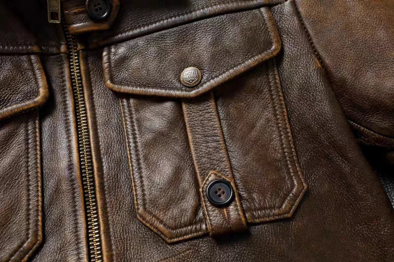 Men's Genuine Leather Jacket Natural Cowhide Hunting Jacket First Layer Cowhide American Retro Motorcycle Jacket Short Jacket