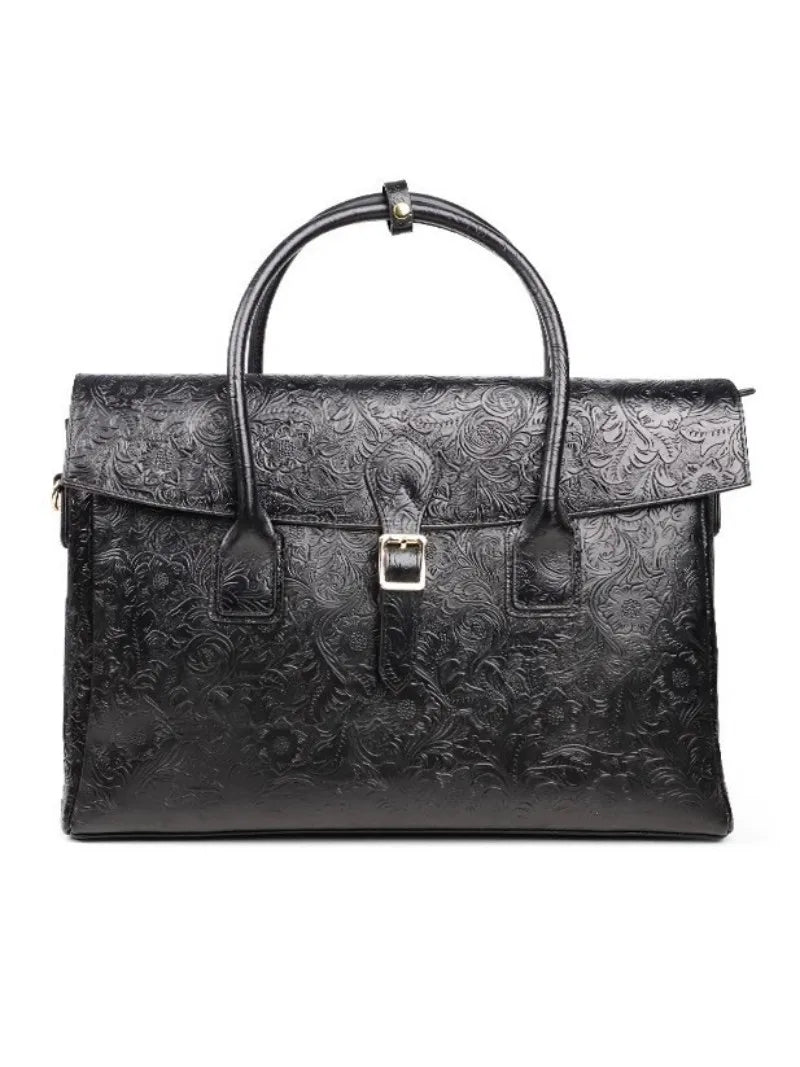 Vintage flower carved leather bag  single shoulder briefcase & business satchel