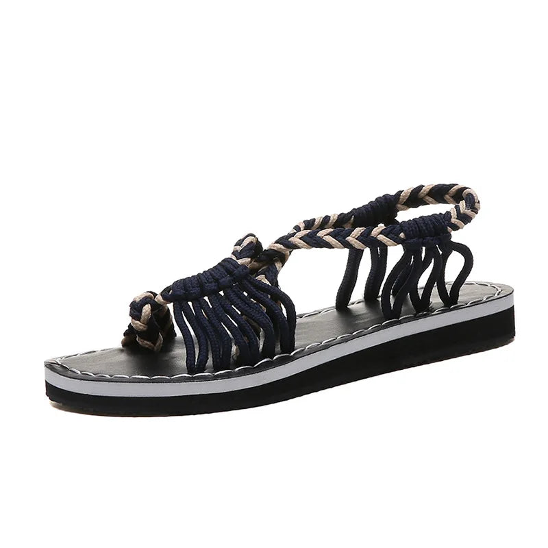Women Sandals Summer Closed Toe Flat Romen Sandals Women Mixed Colors Rope Knot Sandals Women  Casual Beach Sandals Plus Size