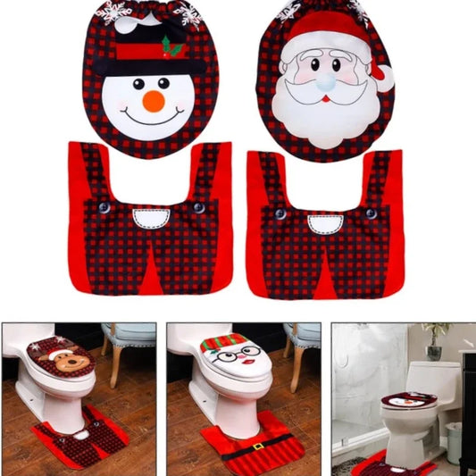 Santa Claus Snowman Toilet Two-piece Set Creative Cartoon Toilet Mat Toilet Seat Lid Cover Floor Carpet Set Christmas Decoration