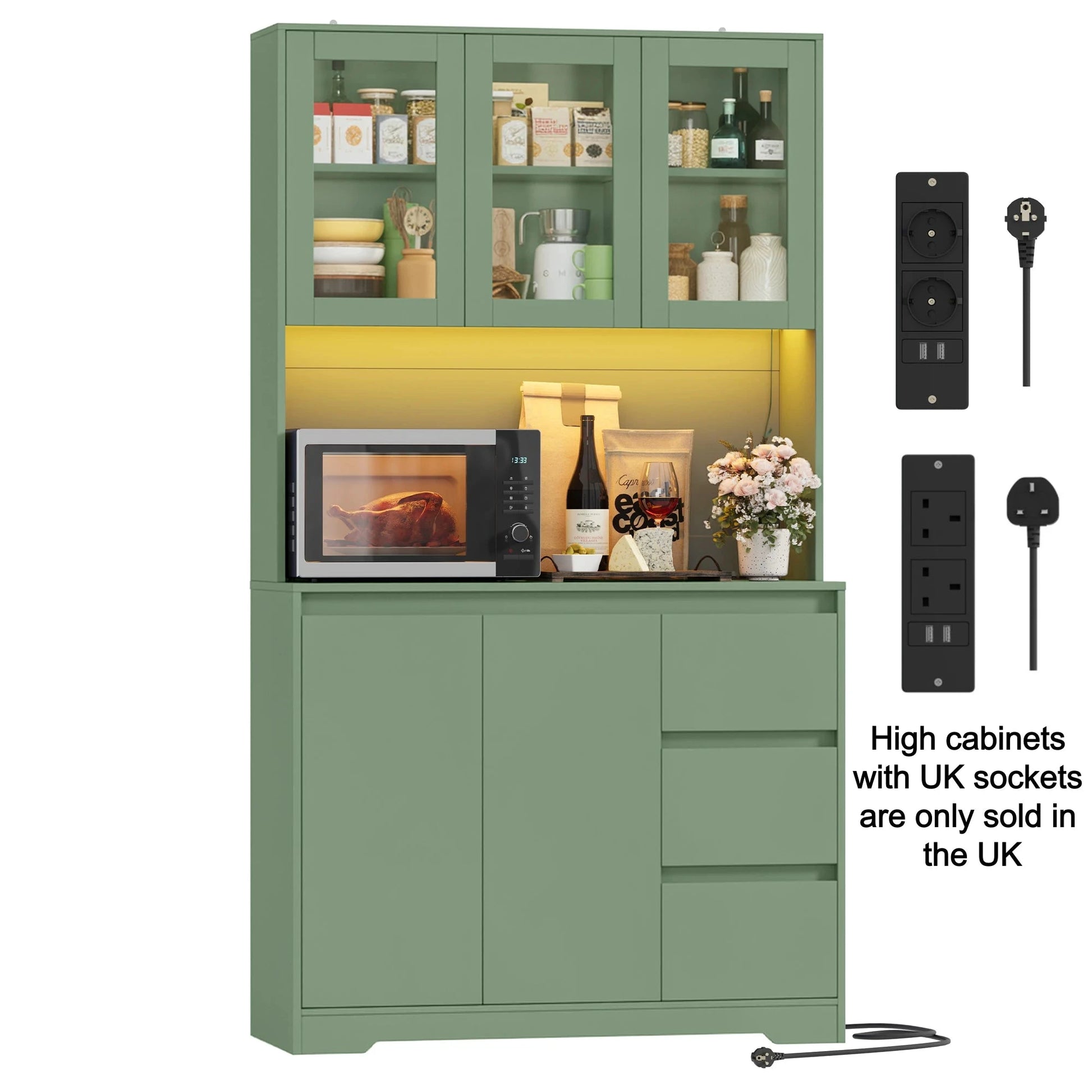 Getone Küchenbuffet mit LED,Küchenschrank Buffetschrank mit Steckdosenleiste mit 3 Schubladen Verstellbares Regal 100x38.5x180cm by Golden Bridge Store