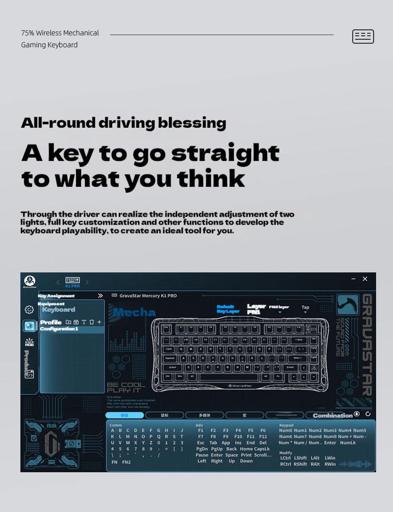 Gravastar 75k1 Mechanische Tastatur - RGB, BT, Alu, 2.4G