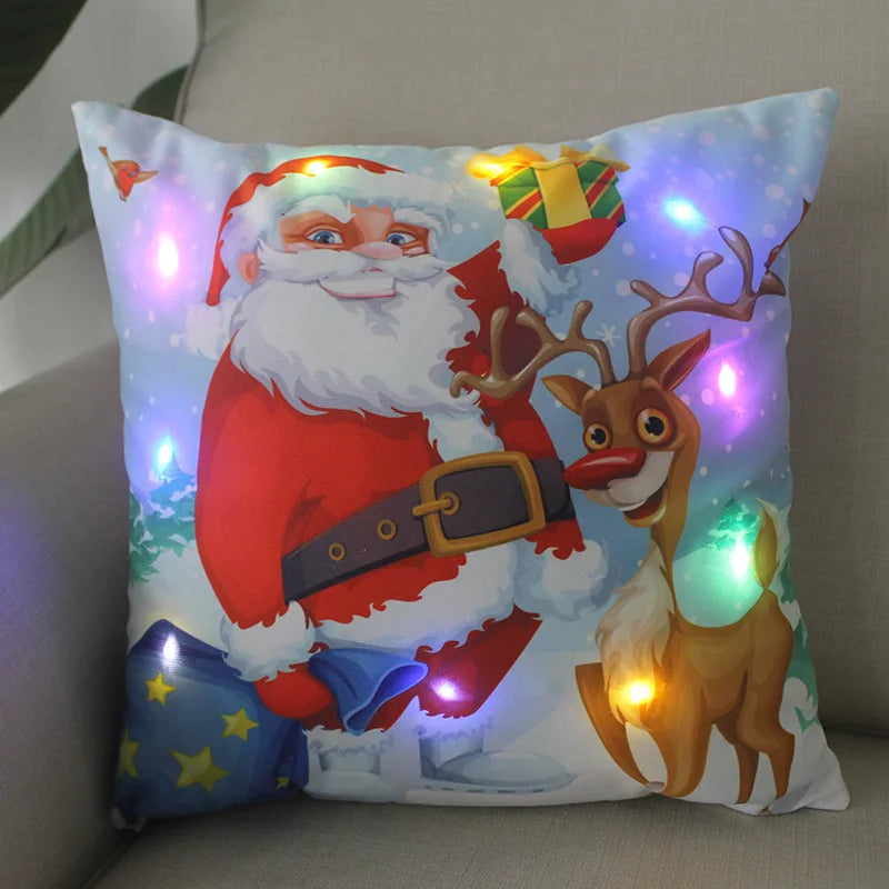 Cartoon Christmas Pillow Covers 18x18 inch LED Xmas Throw Pillows with Lights Christmas Decoration for Home Xmas Decor Kids Room