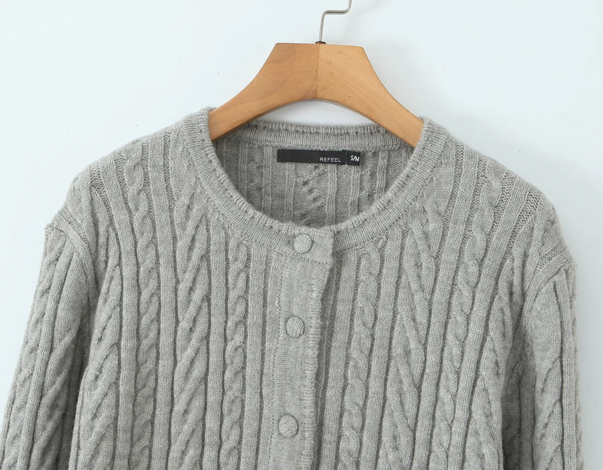 ZJOAN SHOWCN O-Neck Cardigan Set - Knopfverschluss Kurzrock Elastischer Bund Grau Khaki Größe Regular Extra-Heavy