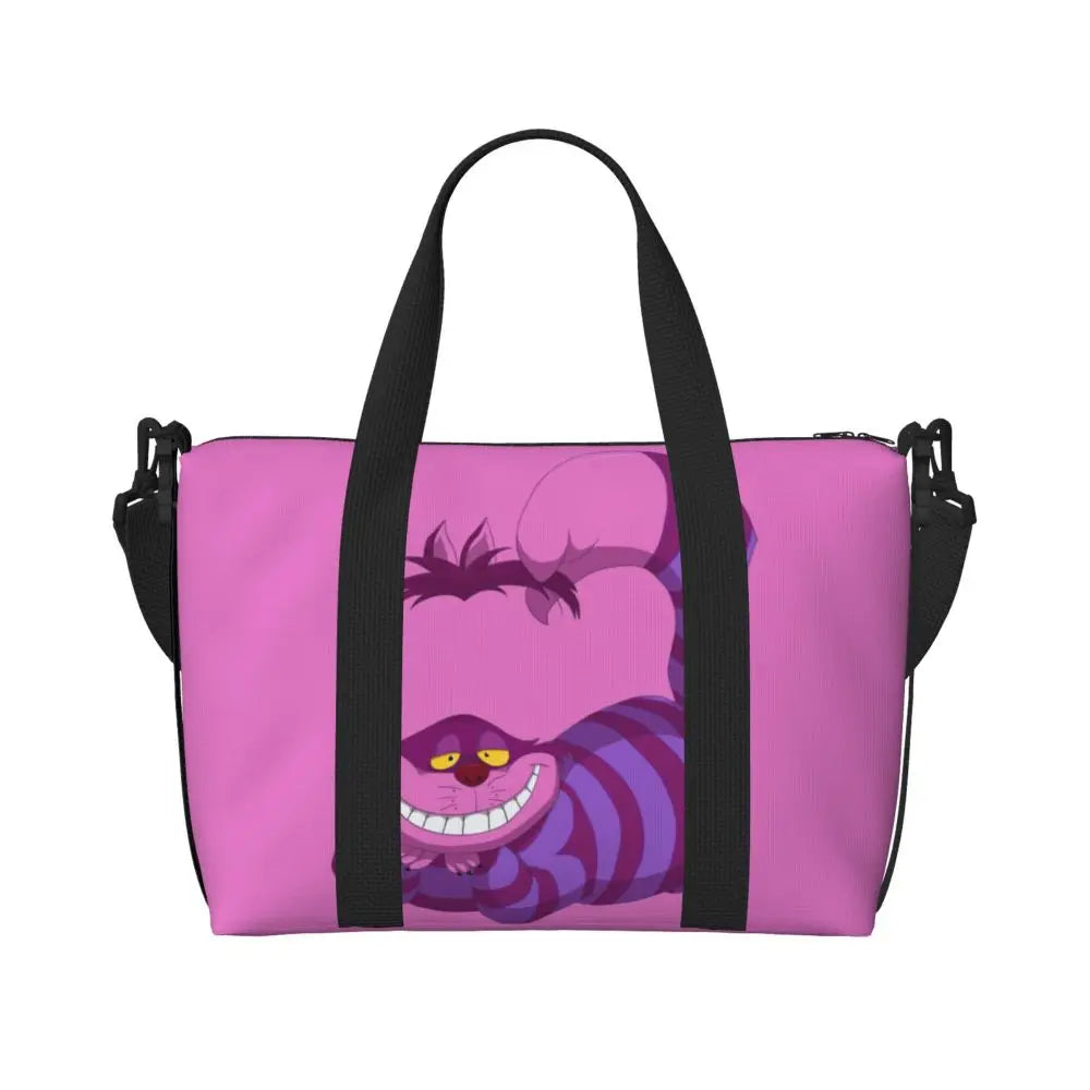 Custom Cheshire Cat Beach Tote Bag for Women We're All Mad Here Cat Big Compartment Gym Beach Travel Bags