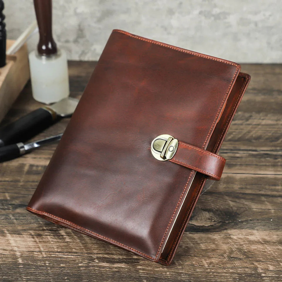 Luxury Retro Genuine Leather Notebook A5 Cover Case with Pen Holder Metal Buckle Journal Office Diary Travel Handmade Sketchbook