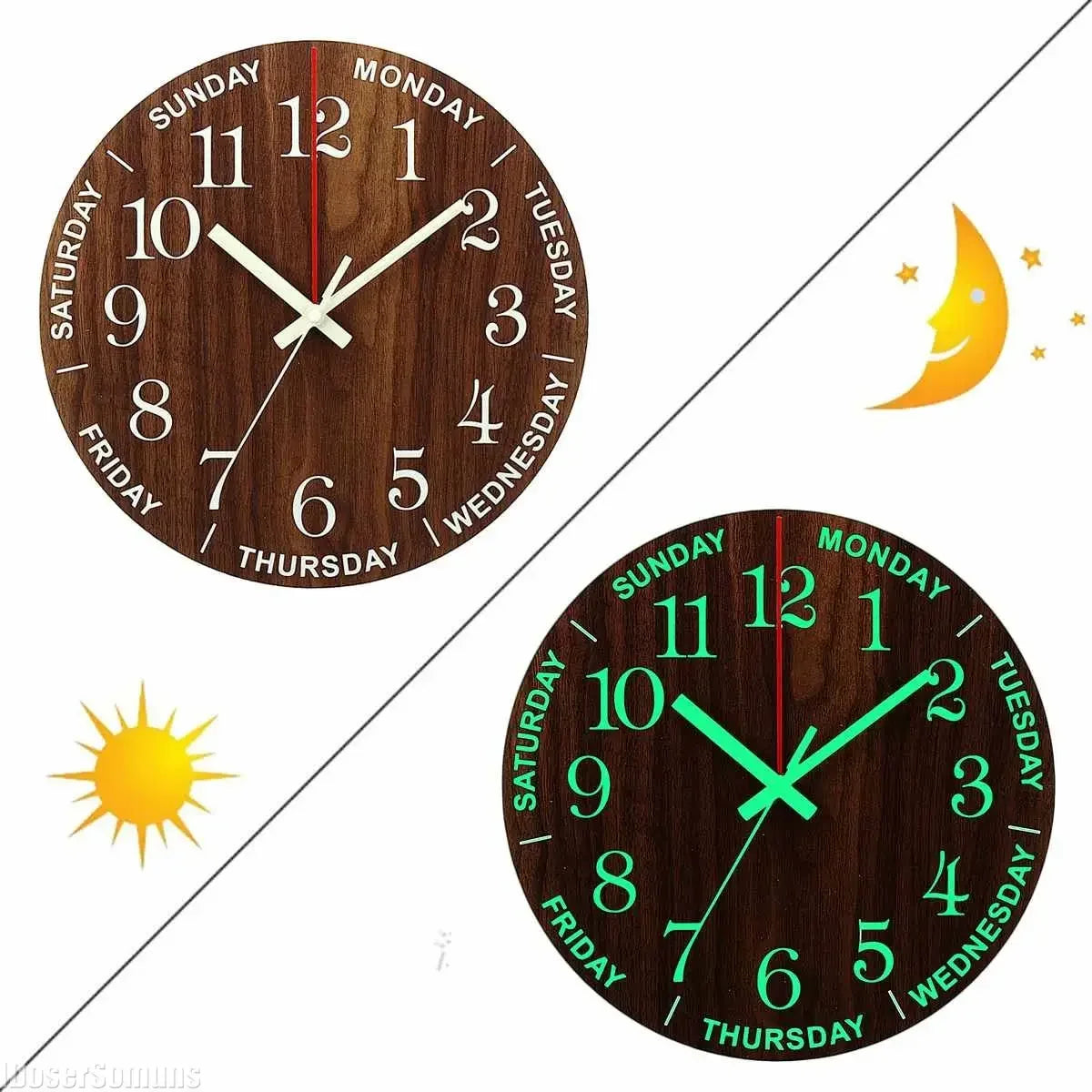 Nordic 12 Inch Luminous Wall Clock Wood Silent Light in Dark Night Fashion Wall Clock Non Ticking Clock with Night Light
