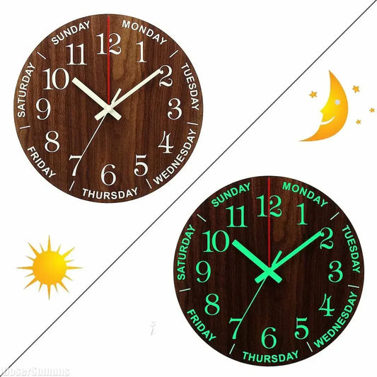 Nordic 12 Inch Luminous Wall Clock Wood Silent Light in Dark Night Fashion Wall Clock Non Ticking Clock with Night Light