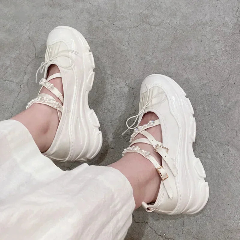 Damen Niedrige Absätze 2025 - Koreanischer Stil Perlenkette Mary Jane Flats - Party Arbeit Casual Bootsschuhe