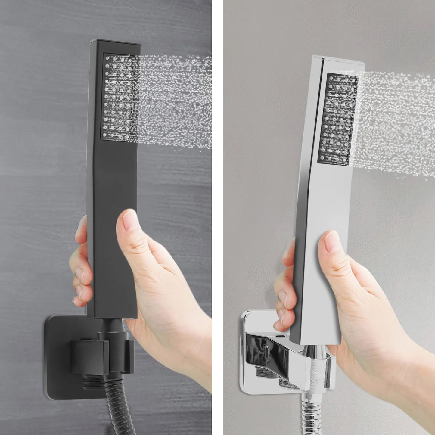 Mattschwarzes, geräuscharmes Duscharmaturen-Set mit Messing-Wandanschluss und Federschlauch