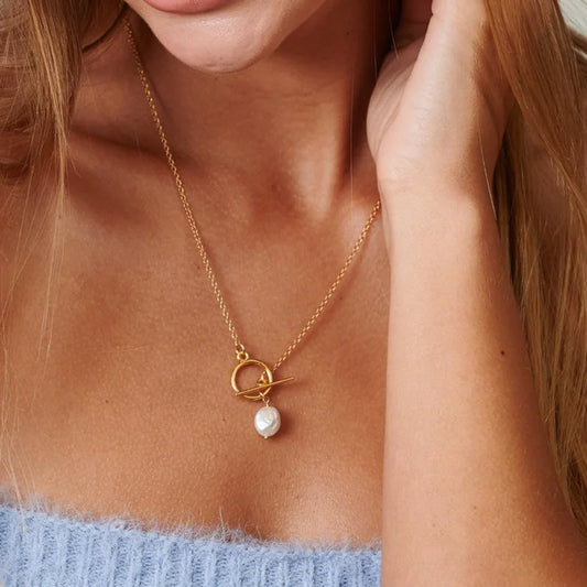 Colier cu lanț placat cu aur și închidere mini cu clapetă, coliere stratificate cu pandantiv cu perle din argint, bijuterii cadou pentru ea