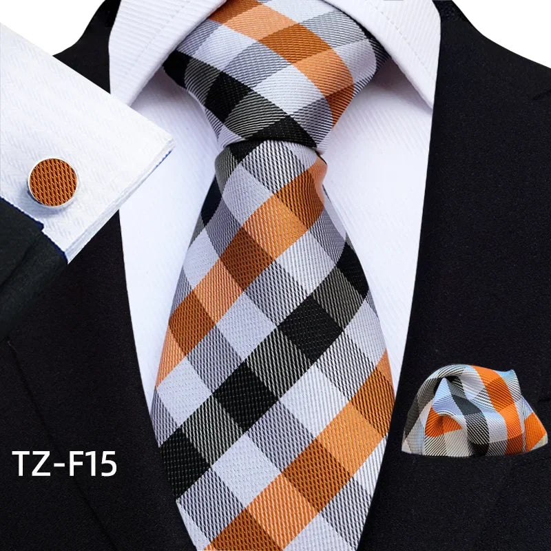 Luxury Mens Ties Floral Black Gold Ties Paisley Grid NeckTie Pocket Square Cufflinks Set Men's Wedding Party Tie