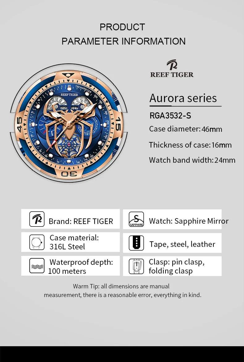 REEF TIGER design sport automatic watch spider dial
