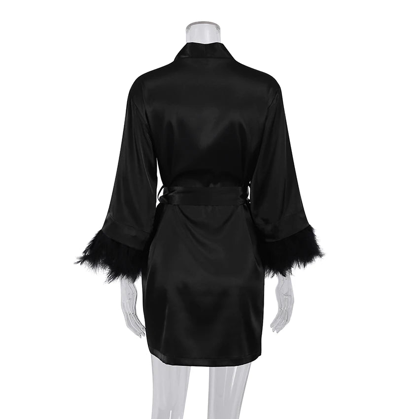 YEGDBDUCN Robe Satin Federpelzbesatz Knielang Nachtrobe Weich