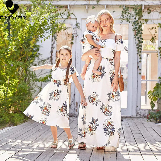 New Mother Daughter Summer Dresses Floral Slash Neck Beach Chiffon Dress Mom Mommy and Me Loose Dress Family Matching Outfits