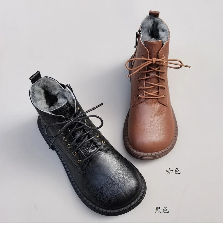 Ghete la gleznă Careaymade, piele naturală, variantă lată - mărime mare, înălțime toc 3-5 cm, căptușeală din lână