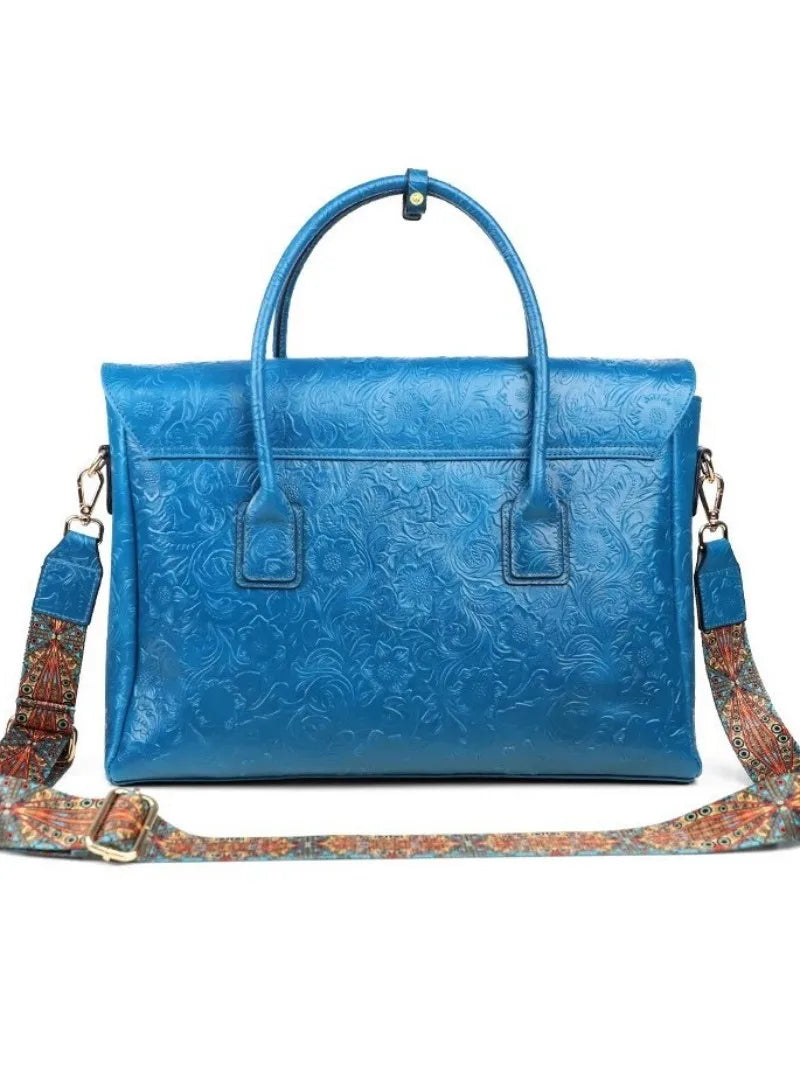 Vintage flower carved leather bag  single shoulder briefcase & business satchel