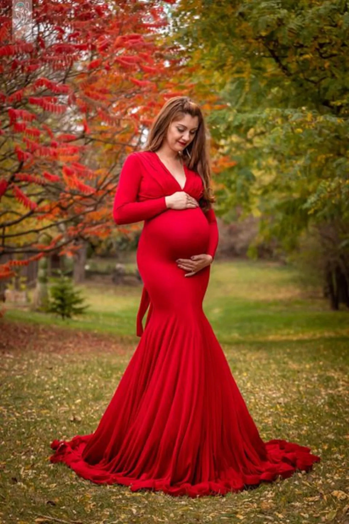 Women's Spring Autumn Maternity Dress Elegant Slim V-Neck Long Sleeve Mermaid Maxi Gowns for Photography Baby Shower Photoshoot