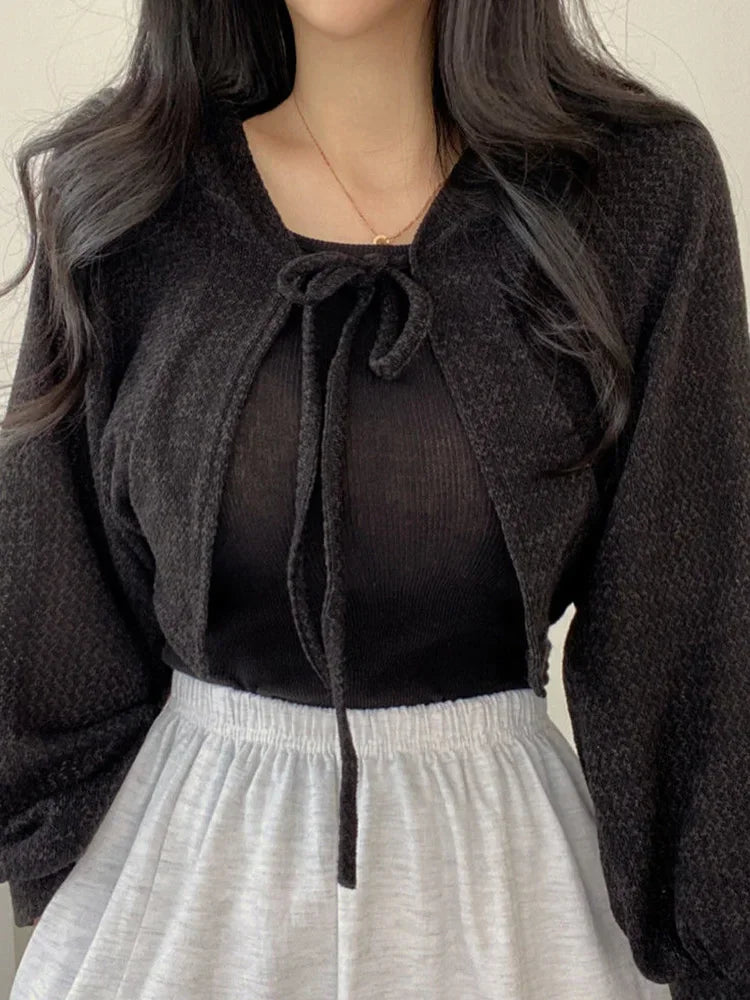 TDFunlive Cardigan Sonnenschutz Laternenärmel V-Neck Schnür-Detail Weiß - Größe S/M/L, Länge Kurz