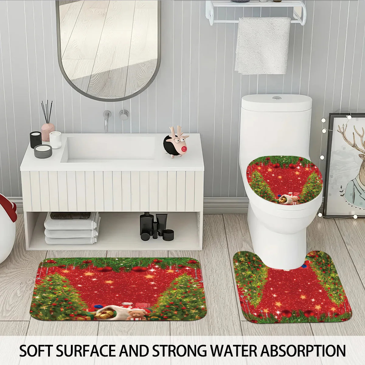 4pcs Merry Christmas Christmas Tree Printed Bathroom Set 180x180 Waterproof Shower Curtain, Floor Mat, U-shaped Mat, Toilet Mat