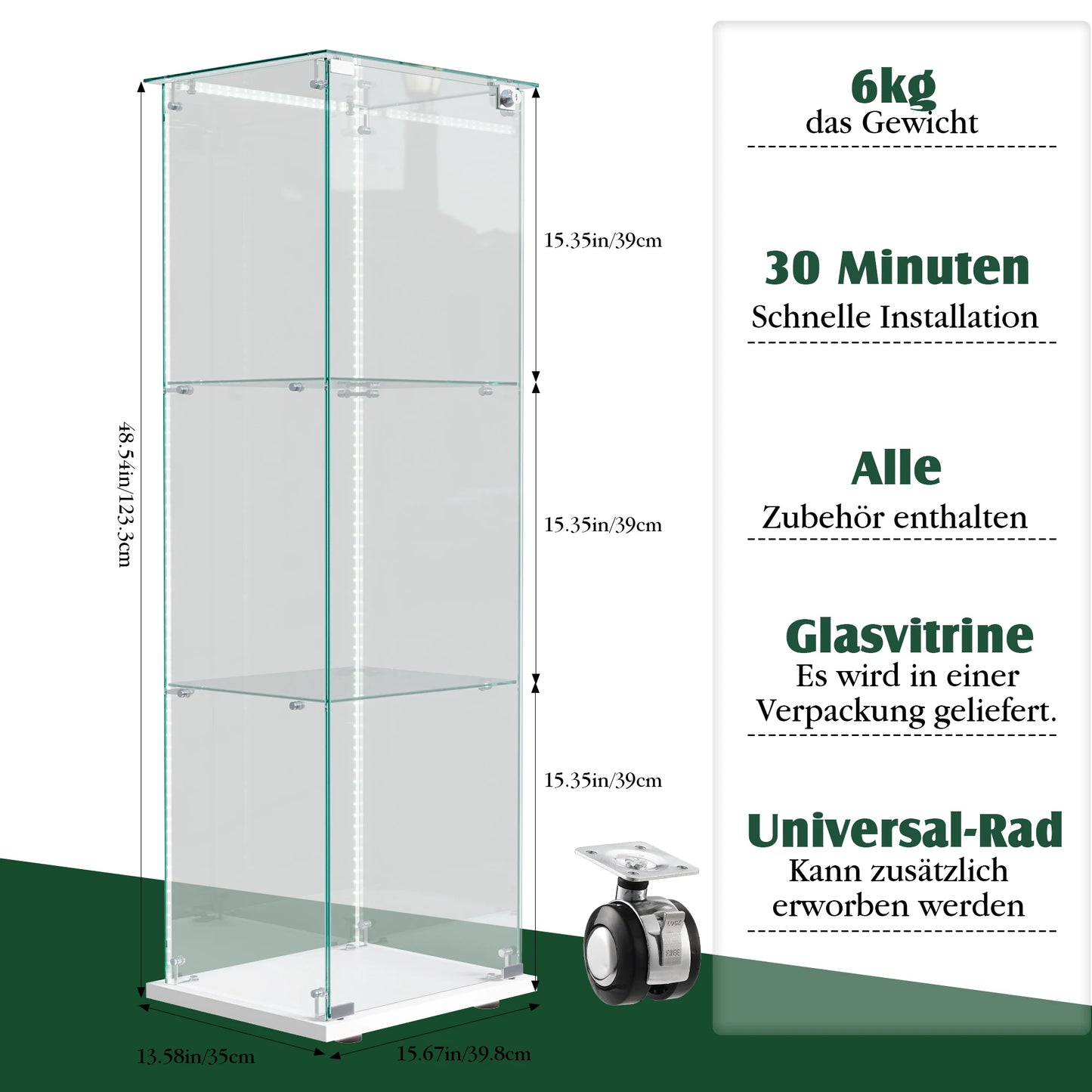 Anajqaqia Glasvitrine 123,3×39,8×35 cm LED-Beleuchtung 1 Tür
