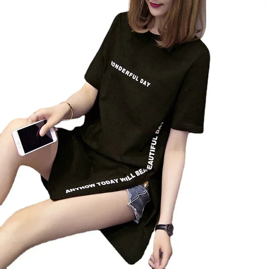 Women T-shirts Anime Y2k T Shirts Gothic tops 2023 Summer Loose Slit Femme Cotton T shirt Print Long Short Sleeve Ladies T-shirt