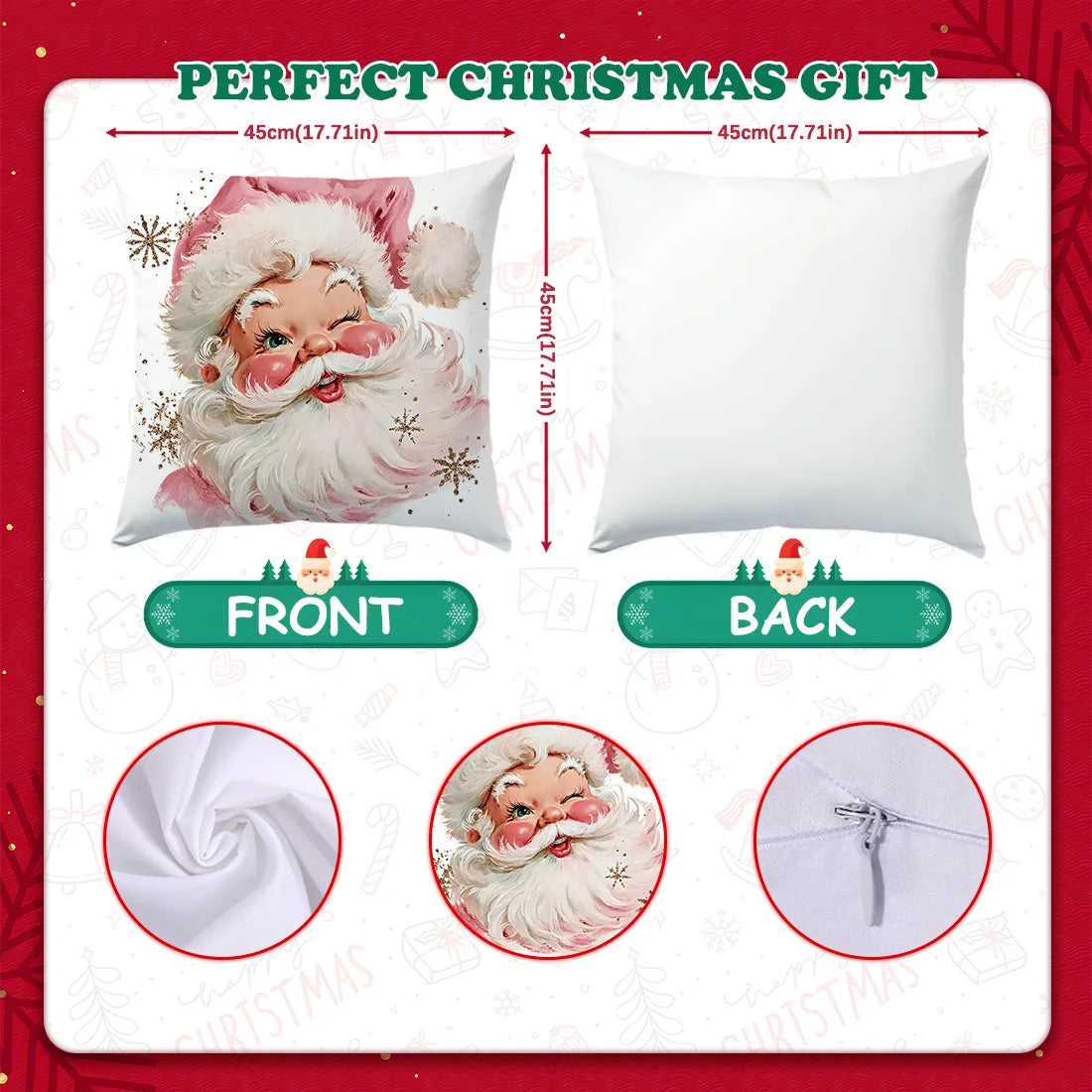 45 * 45cm Pink Christmas Throw Pillow Cover Pink Striped Snowman Christmas Tree Cane Santa Claus for Home  Sofa Cushion Cover