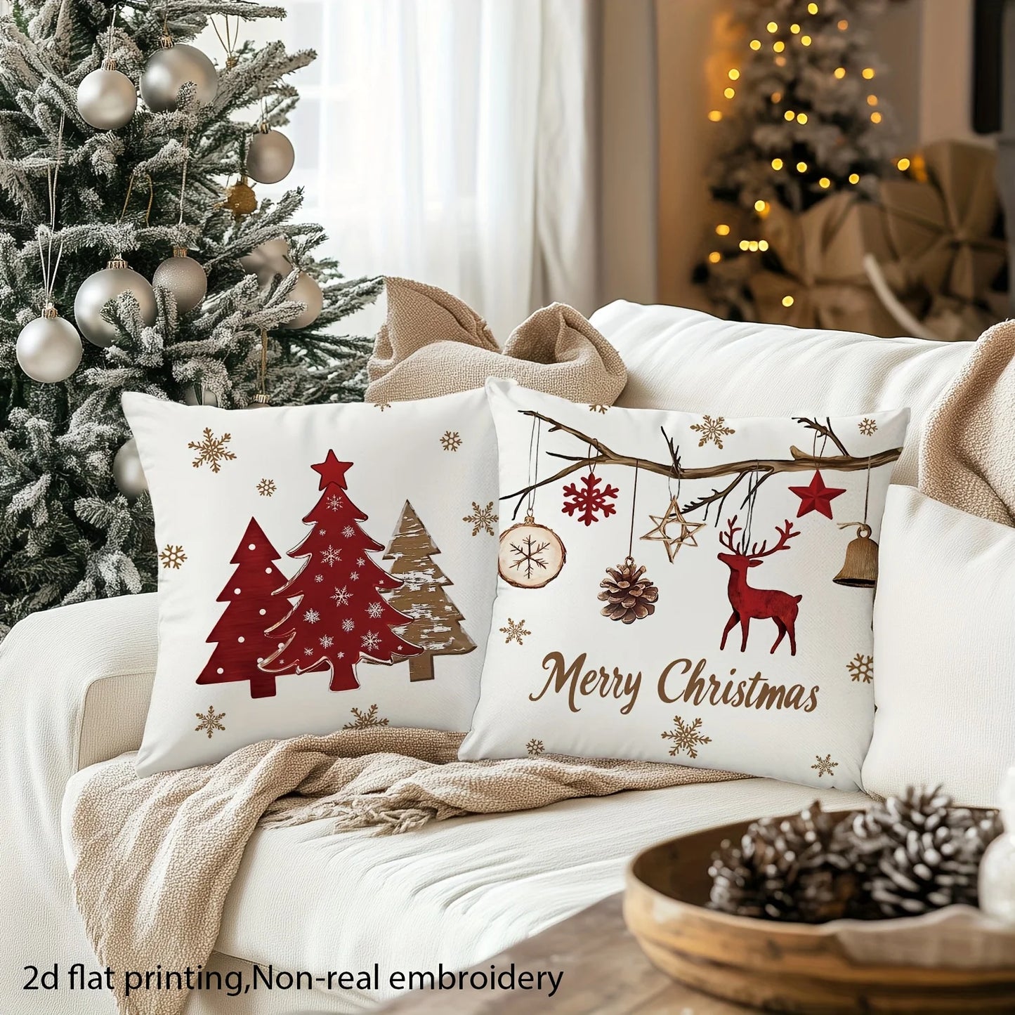 4pcs Floral Christmas Pillow Covers – Tree and Winter Holiday Design for Porch Patio Sofa Living Room Outdoor and Home Decor