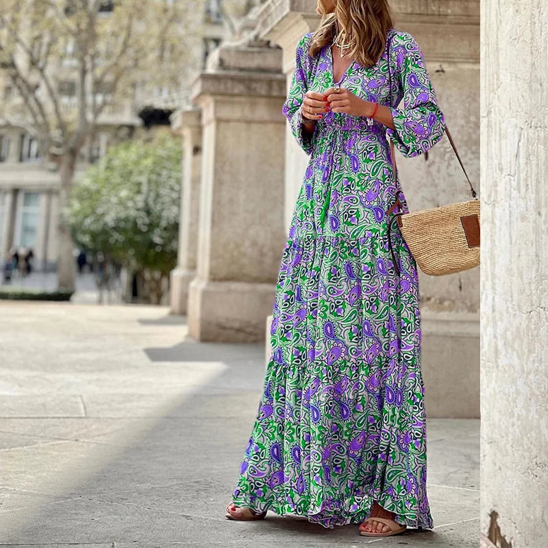 Elegant Women's Flower Long Dresses 2025 Spring New Bohemian Printed Dress Abıye Kadın Abiye Платье Robe Ete Femme Vestidos