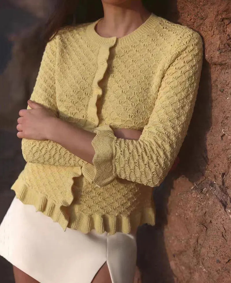 GACVGA Rüschen Strickjacke Chic - Slim Fit, 3/4-Ärmel, M